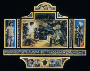 Plattner: Chronicles of War/Saints and Martyrs (the one with the Goya Third of May) 2007. Oil and Gold Leaf on Linen on Panel 40”x50” Courtesy of American University. 