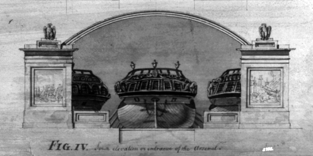 Detail of Latrobe's dry-dock drawings, showing the rump of a ship that has been put into the dock and propped up on timbers. (LOC)