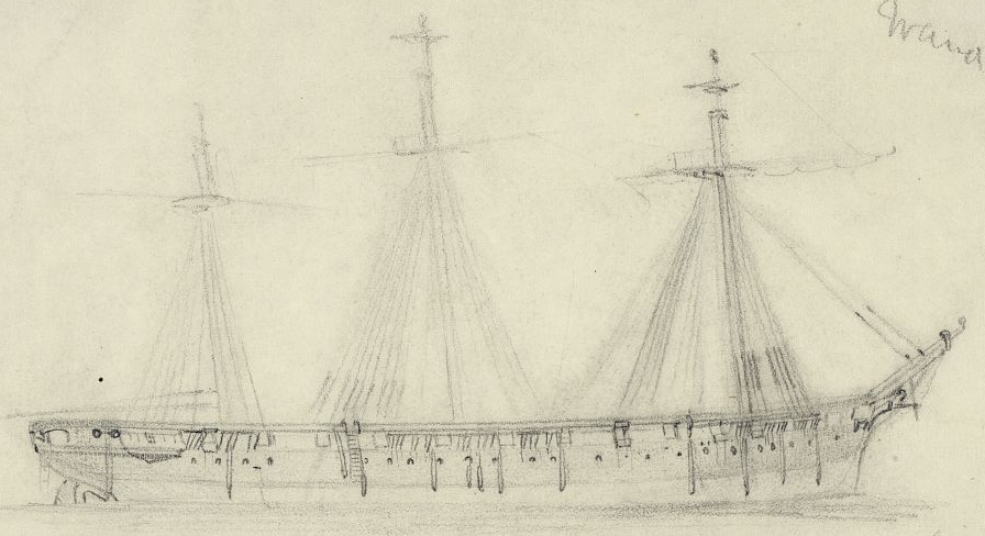 A drawing of the Pensacola as it looked when brought to the Washington Navy Yard in 1861 (LOC)