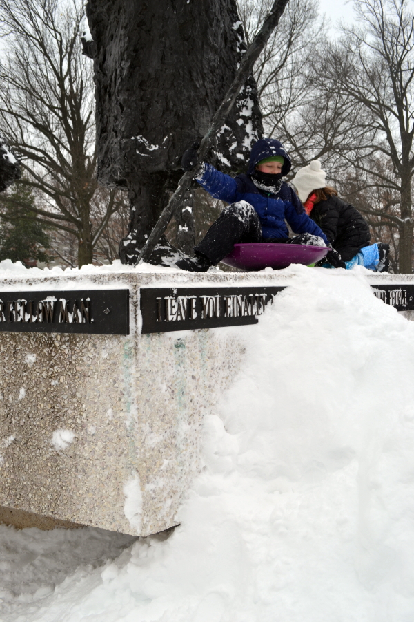 Where there's snow, there's sledding, including off the Mary MacLeod Bethune statue in Lincoln Park.