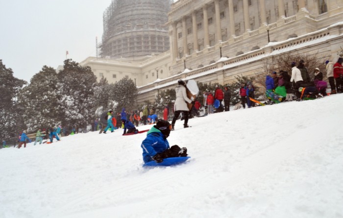 Lots of parents at the top of the hill, lots of kids sledding.