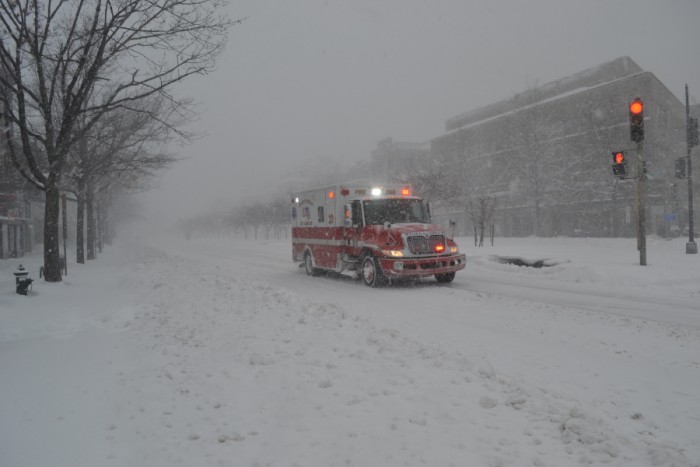 Streets are empty, but navigable for emergency vehicles.