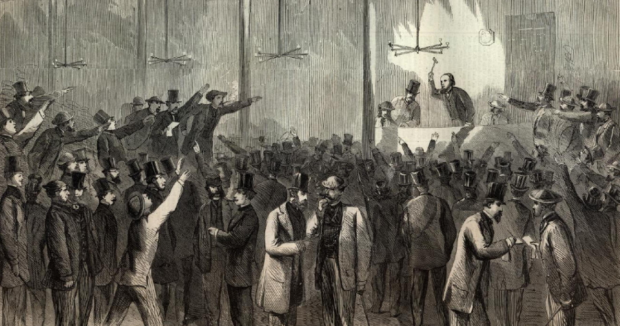 " The scene here represented is one that may be seen nightly at the new stock-board in the Fifth Avenue Hotel, where operators, whose eagerness for speculation is not satisfied by their day experience, congregate in numbers and gamble far into the night." (Harper's Weekly, May 7, 1864) (sonofthesouth.net)