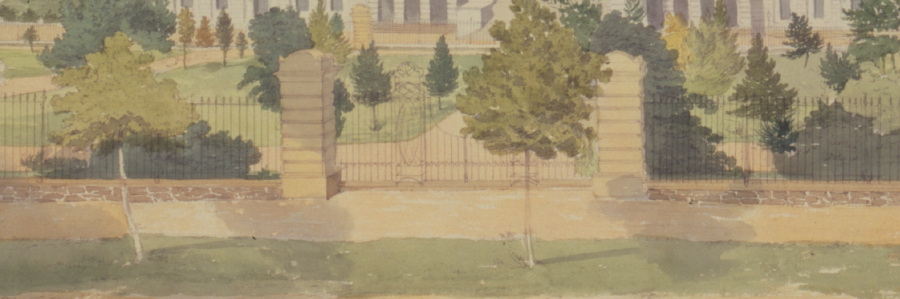 1828 picture of the Capitol showing the fence and one of the gates. Watercolor by John Rubens Smith (LOC)