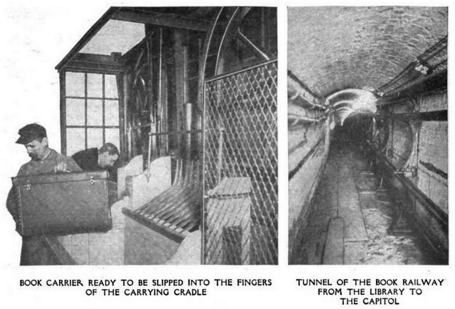 Two images from a 1913 edition of Popular Electricity magazine, showing aspects of the book carrier. (Google Books)