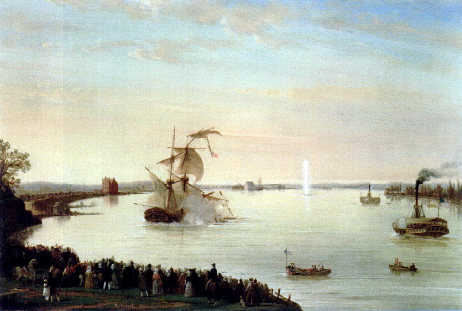 The Last Experiment of Mr. Colt's Submarine Battery. 1844 painting by Antoine Placide Gibert. For a long time, this was assumed to be in New York harbor. However, the building to the left of the doomed ship is clearly Coningham's brewery, and the Washington Navy Yard can be seen to the Styx's right. (Google Books)