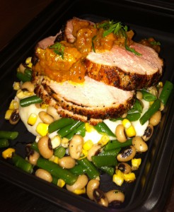 A Thursday night dinner from Food For Life, roasted pork with creamy mashed potatoes, black-eyed peas, green beans and corn.