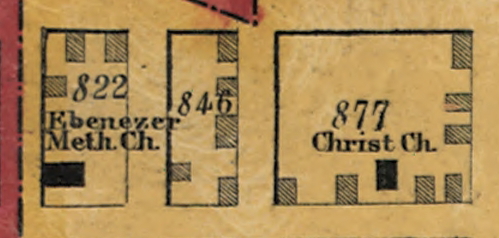 Detail of 1851 map showing Ebenezer Methodist Church (and Christ Church) (LOC)